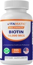 Vitamatic Biotin 10,000 mcg (10 mg) Stronger Hair, Skin & Nails - 365 Vegan Tablets - 또한 비타민 B7를 부르는 비타민 B7