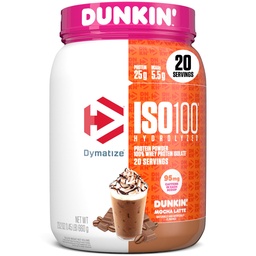 Dymatize x Dunkin' Mocha Latte ISO100 Whey Protein Powder, 95mg Caffeine, 단백질 25g, 5.5g BCAAs, 120 Cal., 글루텐 무료, 1g 지방, 1g 설탕, 3g Carb (20 서빙)