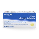 MAJOR 4 Mg 알레르기 정제 - Chlorpheniramine Maleate 4-Hour Allergy Medicine - Sneezing, Itchy Watery Eyes, Itchy Throat 및 Runny Nose의 기복을위한 항히스타민 - 100 개 (1 팩)