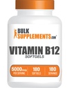 BulkSupplements.com 비타민 B12 5000 mcg Softgels - Cyanocobalamin, 비타민 B 보충제, B12 비타민 알약 - 글루텐 무료, 1 비타민 B12 Softgel, 180 일 공급, 180 Softgels