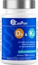 CanPrev D3 & K2 비타민 120 Softgels, 120 일 공급, 1000IU 비타민 D3 & 120mcg K2는, 유기 야자유, GMO, 글루텐, 콩, 유제품을 가진 강한 뼈, 이 & 심장 웰니스, 쉬운에 아bsorb를 지원합니다