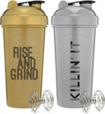 [2 팩] 28 Ounce Proten Shaker Bottles with Mixer Agitators with Motivational Quotes | 단백질, 사전 운동 및 녹색 음료 혼합에 적합 | BPA Free and Dishwasher Safe |금 및 실버