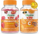 Lifeable Probiotic 2 억 CFU 키즈 + 비타민 C 어린이, Gummies 번들 - 훌륭한 타스팅, 비타민 보충, 글루텐 무료, GMO 무료, Chewable Gummy