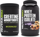 NutraBio Creatine Monohydrate, Unflavored, 500g 및 Whey Protein Isolate, Blueberry Muffin, 보충 번들 - 근육 에너지, Lean 근육 성장, 회복 및 힘