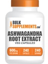 BulkSupplements.com Ashwagandha 뿌리 추출물 캡슐 - Ashwagandha 600mg, Ashwagandha Supplement, Ashwagandha 뿌리 캡슐, Vegan & 글루텐 무료, 서빙 당 1 캡슐, 240 Veg 캡슐