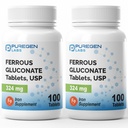 Puregen Labs Ferrous Gluconate 324 mg [고전력] 철 보충교재, Stomach에 Gentle | 2 팩 - 200의 정제 합계