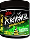 AMMO ® Energy ReloadsTM Pre Workout Powder - 300mg Caffeine Zero Sugar Vital Aminos 및 Electrolytes 인공 향료 또는 색상 (Coconut Crossfire)