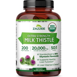 Zazzee USDA 유기 우유 이틀 50:1 추출물, 80% Silymarin 플라보노이드, 200 Vegan 캡슐, 6+ 달 공급, Silybum Marianum, Liver 지원 & Detox 지원, 미국에서 만드는 유기 All-Natural, 비 GMO