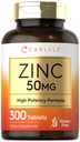 Carlyle 아연 50mg | 300 정제 | 채식주의, 비 GMO, 글루텐 프리 보충교재 | 아연 글루콘산염 | 높은 효능 공식