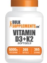 BulkSupplements.com 비타민 D3 + K2 5000 IU Softgels - 면역 건강을위한 D3 K2 보충 - 글루텐 무료, 봉사 당 1 Softgel, 365 개 (팩 1)
