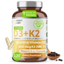 순수성 실험실 비타민 D3 K2 10000 IU, (250mcg) D3 + 200mcg K2 MK7 - Bioperine로 강화되는 면역 지원 보충교재 - 매일 방위, 뼈, 근육 & 피부 건강을 위한 보충교재 - 120의 캡슐